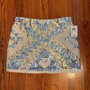 LOVEMARKS Sequin Aztec Mini Skirt Blue/Gold Size L NWT